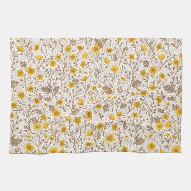 Buttercups, yellow and brown tea towel (Horizontal)