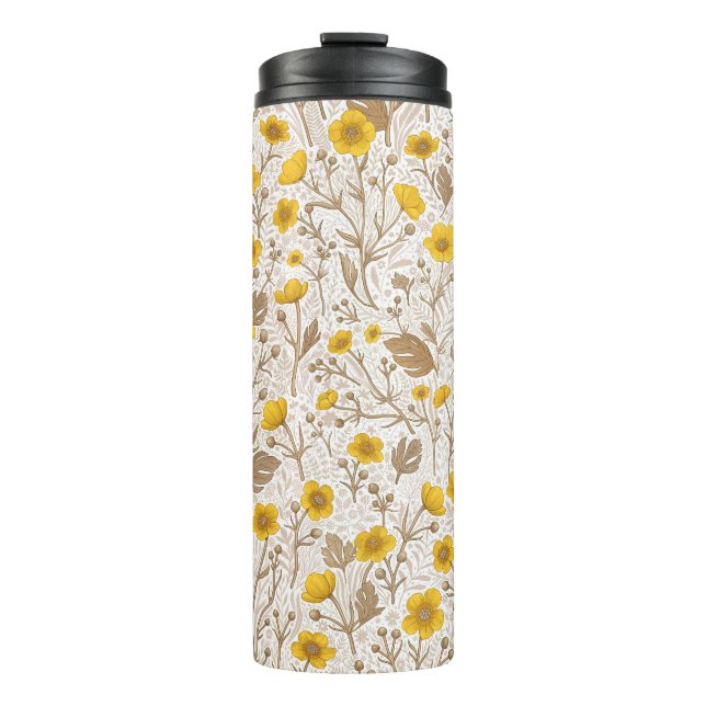Buttercups, yellow and brown thermal tumbler (Front)