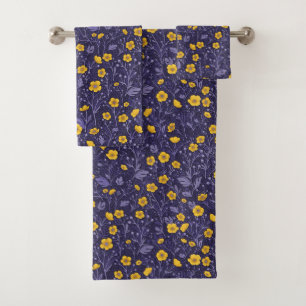 Buttercups, yellow and violet bath towel set