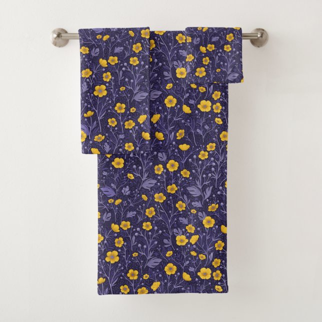 Buttercups, yellow and violet bath towel set (Insitu)