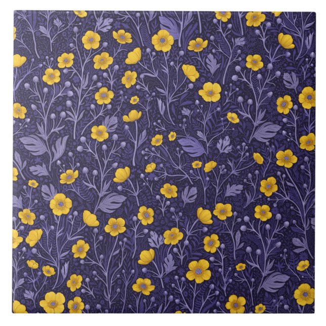 Buttercups, yellow and violet ceramic tile (Front)