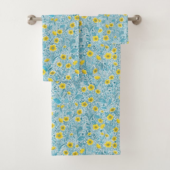 Buttercups, yellow, blue and white bath towel set (Insitu)