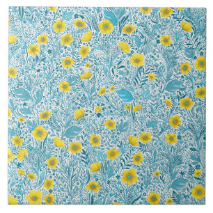 Buttercups, yellow, blue and white ceramic tile