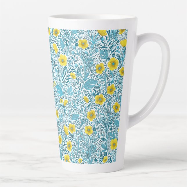 Buttercups, yellow, blue and white latte mug (Right)