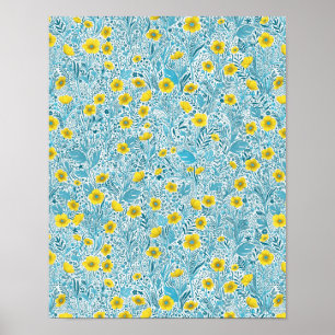 Buttercups, yellow, blue and white poster