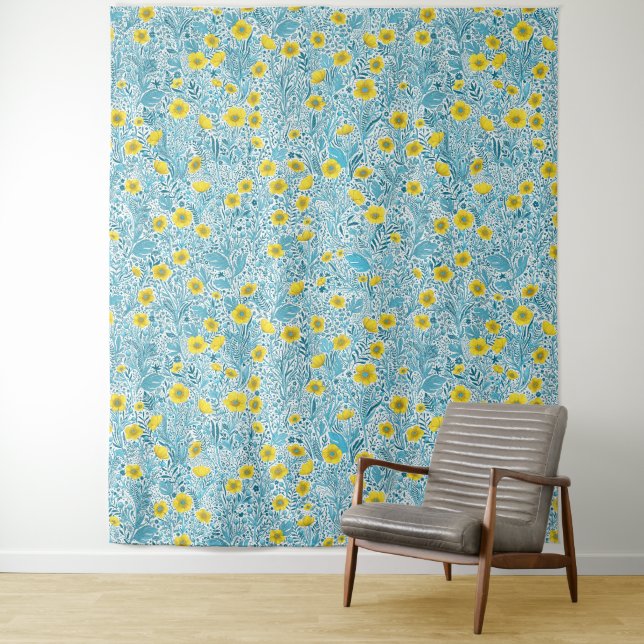 Buttercups, yellow, blue and white tapestry (In Situ)