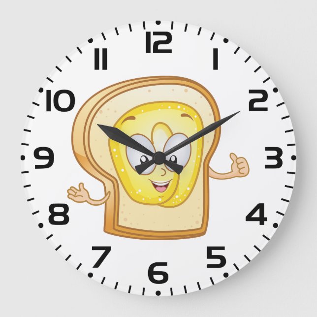 Buttered Toast Cartoon Character Happy Bread Large Clock (Front)
