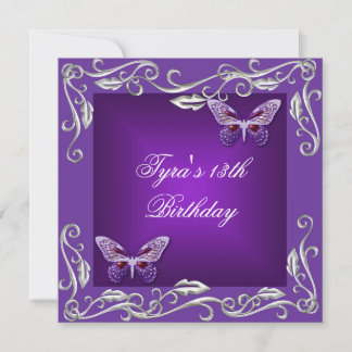 Butterflies 13th Birthday Party Bright Purple Invitation