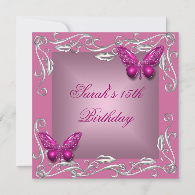 Butterflies 15th Birthday Party Silver Pink Flower Invitation (Front)