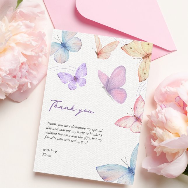 Butterflies 1st birthday Cute Hand-written Thank You Card (1st birthday thank you card butterflies)