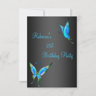 Butterflies 21st Birthday Party Blue Black Invitation