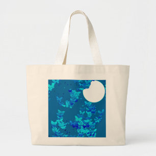 Butterflies against blue night sky, moonscape large tote bag