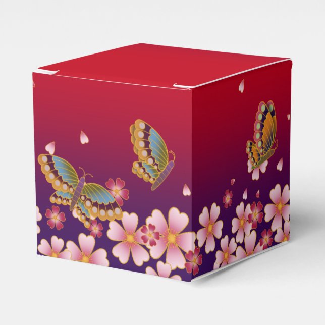 Butterflies Amid Sakura Blossoms Customisable Red Favour Box (Front Side)