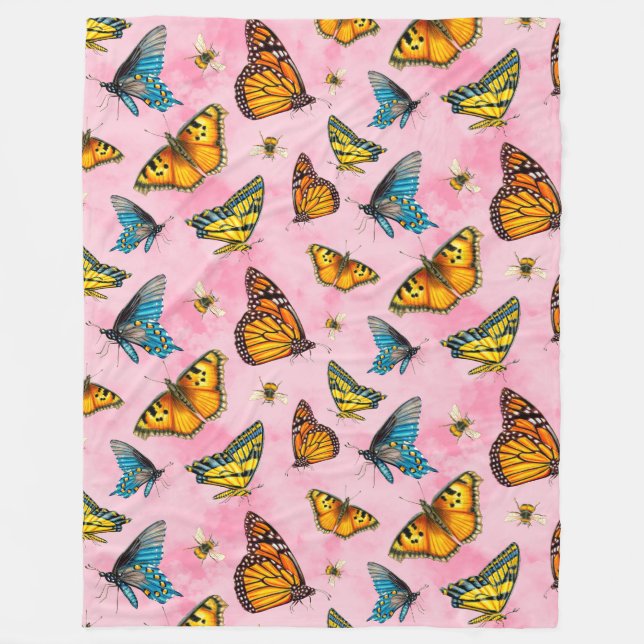 Butterflies and Bees Above Peach Sky Fleece Blanket (Front)