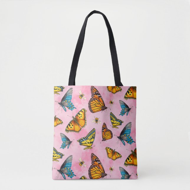 Butterflies and Bees Above us on Pink Clouds Tote Bag (Front)