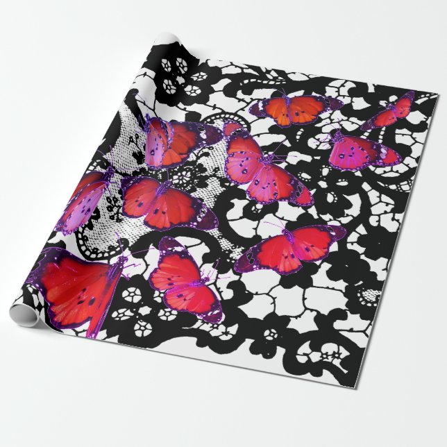BUTTERFLIES AND BLACK LACE Wrapping Paper (Unrolled)