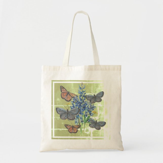 Butterflies and Bluebonnets on Green Square Tote Bag (Front)