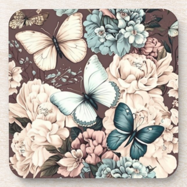 Butterflies and brown flowers coaster (Front)