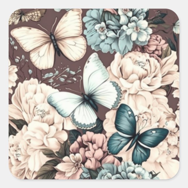Butterflies and brown flowers square sticker (Front)