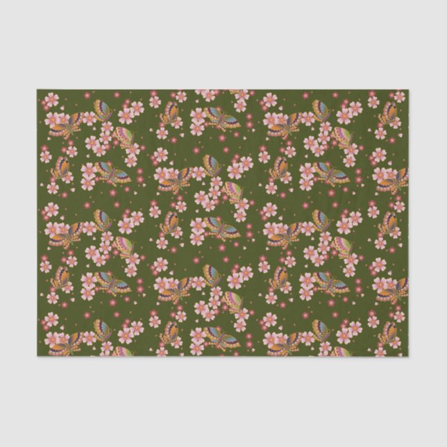 Butterflies and Cherry Blossoms Tea Green Tissue Paper (Front)