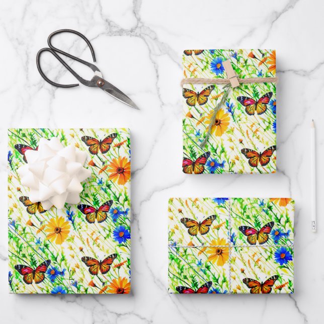 Butterflies and Daisies in a Meadow Wrapping Paper Sheet (Front)