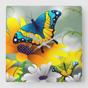 Butterflies and Daisies Square Wall Clock