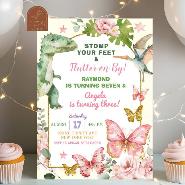 Butterflies and Dinosaurs Joint Sibling Birthday Invitation (Creator Uploaded)