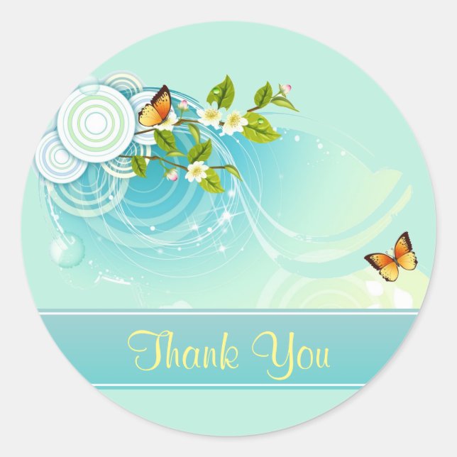 Butterflies and Flower Blossoms Thank You Classic Round Sticker (Front)