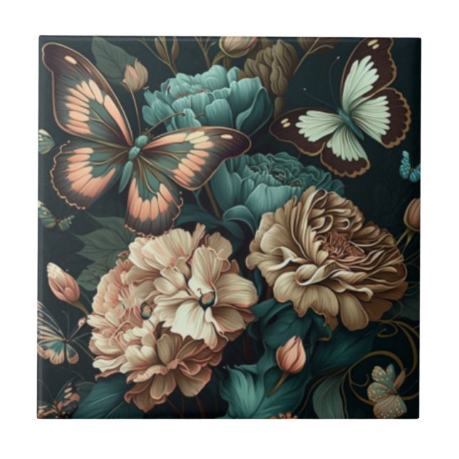 Butterflies and flowers dark classic design ceramic tile (Front)