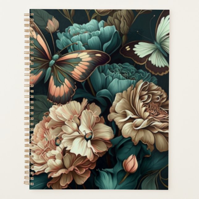 Butterflies and flowers dark classic design planner (Front)