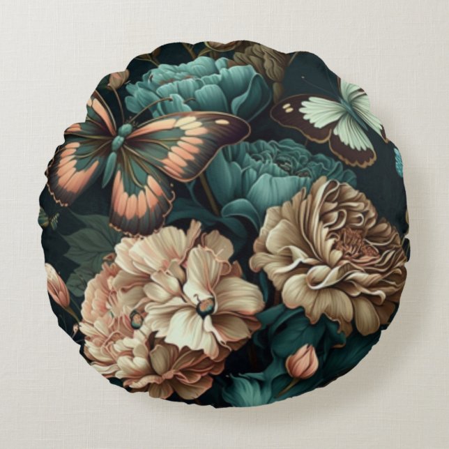Butterflies and flowers dark classic design round cushion (Front)