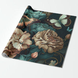 Butterflies and flowers dark classic design wrapping paper