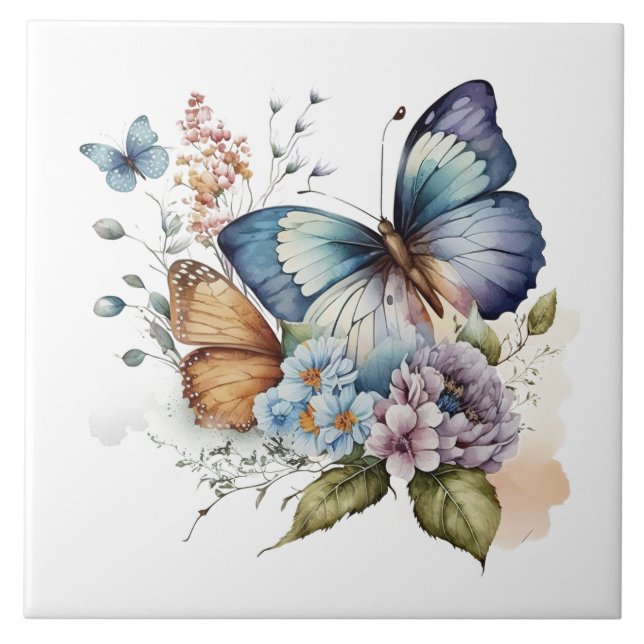 Butterflies and Flowers Floral  Ceramic Tile (Front)