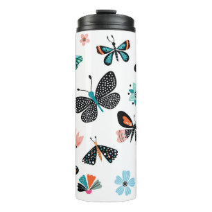 Butterflies and flowers, hand drawn collection of thermal tumbler
