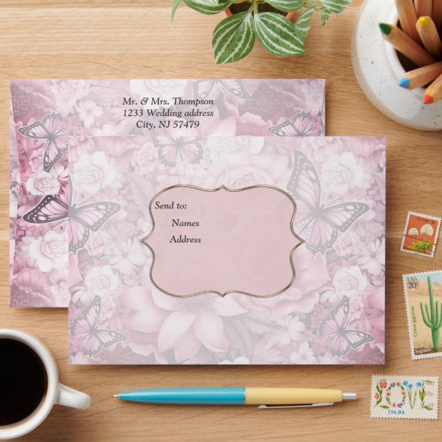 Butterflies and Flowers in varying shades of pinks Envelope (Desk)