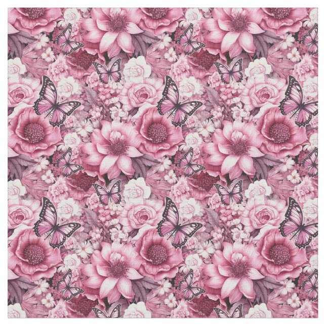 Butterflies and Flowers in varying shades of pinks Fabric (Close Up)