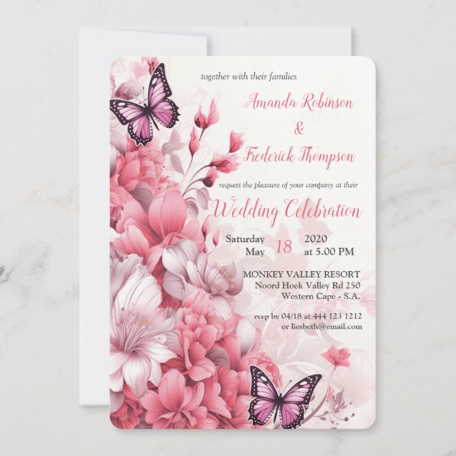 Butterflies and Flowers in varying shades of pinks Invitation (Front)