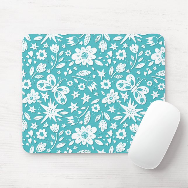 Butterflies And Flowers On Aqua Mouse Pad (With Mouse)