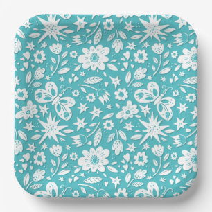 Butterflies And Flowers On Aqua Paper Plate