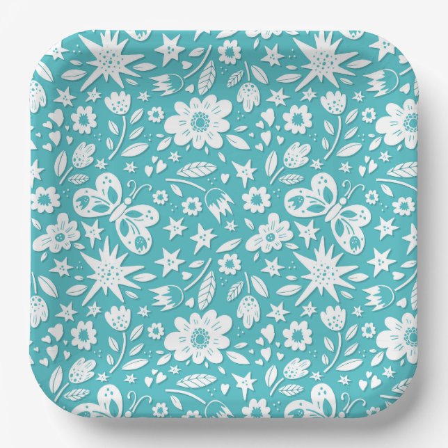 Butterflies And Flowers On Aqua Paper Plate (Front)
