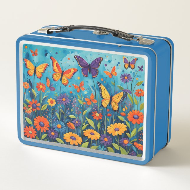 Butterflies and Flowers on Blue Kid's Metal Lunch Box (Back)