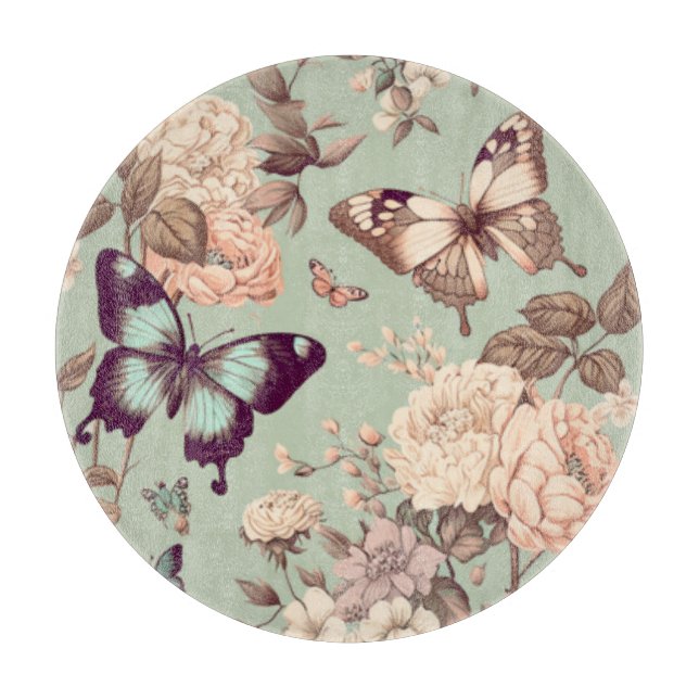 Butterflies and flowers pastel light green  cutting board (Front)