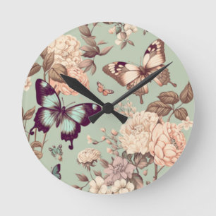 Butterflies and flowers pastel light green  round clock