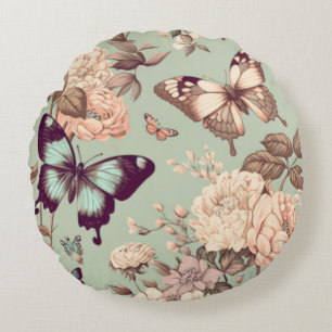 Butterflies and flowers pastel light green  round cushion