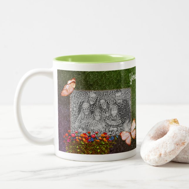 Butterflies And Flowers Personalised Photo Two-Tone Coffee Mug (With Donut)