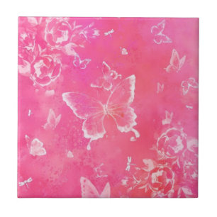 Butterflies and Flowers - Pink Art Ceramic Tile
