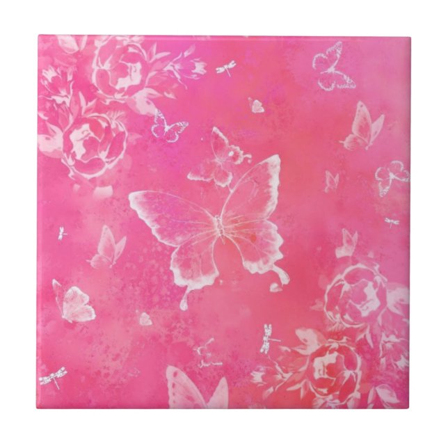Butterflies and Flowers - Pink Art Ceramic Tile (Front)