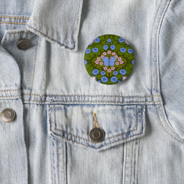 Butterflies and flowers symmetry, blue and pink 6 cm round badge (In Situ)