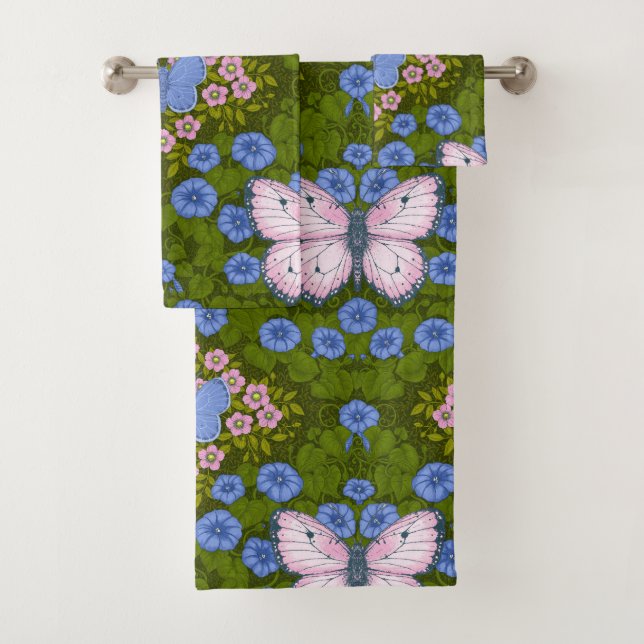 Butterflies and flowers symmetry, blue and pink bath towel set (Insitu)
