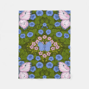 Butterflies and flowers symmetry, blue and pink fleece blanket